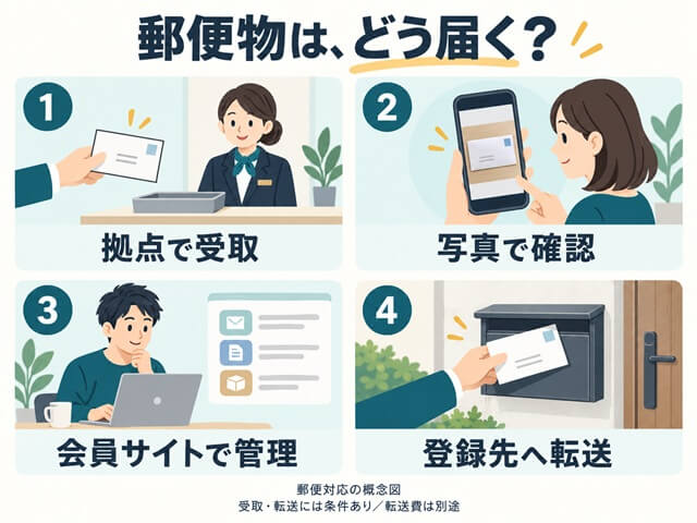 拠点での受取、写真での確認、会員サイトでの管理、登録先への転送という郵便対応の概略